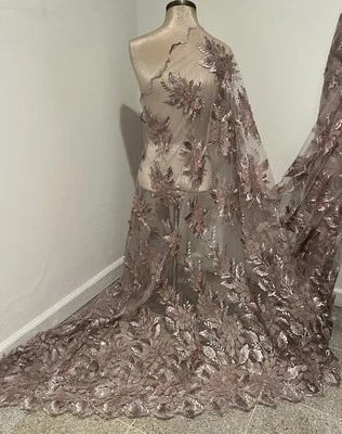 Rose Pink 3D Embroidery Sequins  Lace Fabric 50” Width Sold By The Yard - Image 1 of 4