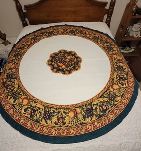 Round Ivory Tablecloth With Fruits & Swirls Of Gold, Maroon, Purple, & Green - Picture 1 of 5
