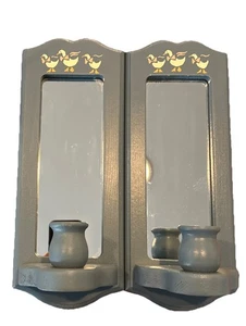 Wood Mirror Wall Sconces With Geese Blue Pink White Goose Set Of 2 - Picture 1 of 7