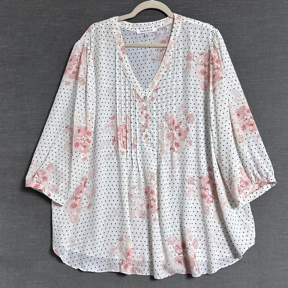 Top Rosa Oliva 3X Blanco Rosa Floral Lunares Popover Túnica Fluida Romántico Trabajo Foto 1 de 4
