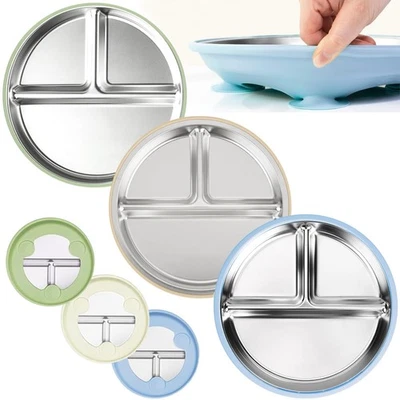 3 Stück Edelstahl Babyteller mit Saugnapf 23cm Geteilte Kinderteller mit Abne... - Bild 1 von 4