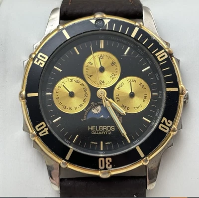 Vintage Helbros Quartz Moonphase Chronograph Watch Two Tone Black Dial New Batt - Image 1 of 4