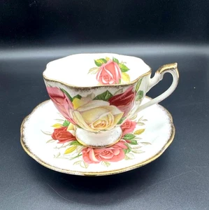 Tazza da tè e piattino Queen Anne rose rosa giallo Lady Sylvia tazza da tè - Foto 1 di 6