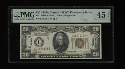 DBR 1934-A $20 FRN Hawaii LA Block Fr. 2305 PMG 45 EPQ Serial L31079158A - Image 1 of 2