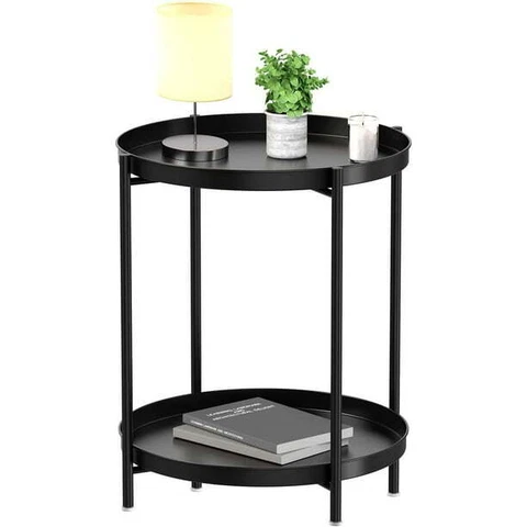 2 Tier Tray End Table - Metal Waterproof Sofa Coffee Side Tables with Removable Cover