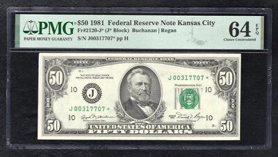 FR. 2120-J* 1981 $50 *STAR* FEDERAL RESERVE NOTE KANSAS CITY, MO PMG UNC-64EPQ F - Image 1 of 2