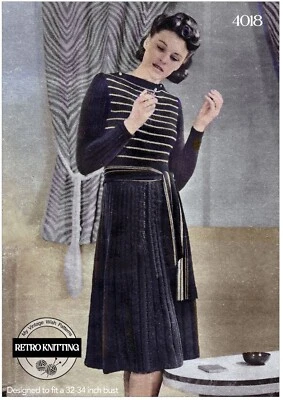 1940's Stylish Striped Frock Vintage Knitting Pattern Bust 32-34 - Image 1 of 2