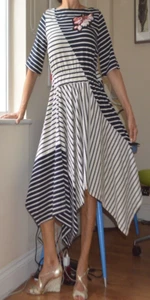PETER PILOTTO White Blue Jersey Striped Hankerchief Midi Dress Seqin New US 4 Sm - Picture 1 of 14