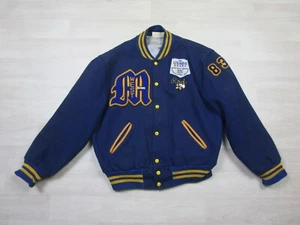 Vintage Wool Varsity Jacket Large Blue 1980s Chainstitch High School Band w/Pins - Picture 1 of 15