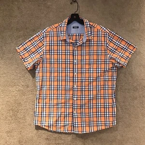 IZOD Shirt Mens Size XL Orange Blue Plaid Button Up Short Sleeve Outdoor Pocket - Picture 1 of 12