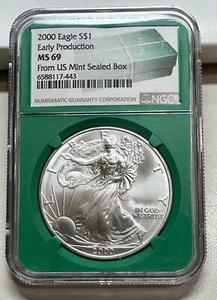 2000  SILVER EAGLE  NGC  MS69 EARLY PRODUCTION FROM U.S. MINT SEALED BOX - Picture 1 of 2