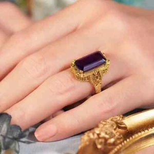 Women Bishop Ring 3Ct Asscher Lab-Created Purple Amethyst 14K Yellow Gold Plated - Picture 1 of 8