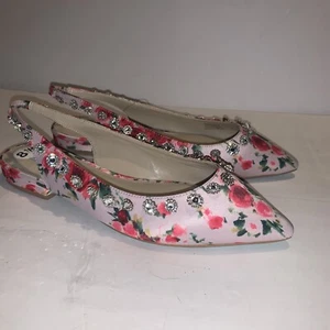 betsey Johnson pink satin rose print sling back flats rhinestone embellish 8.5 - Picture 1 of 5