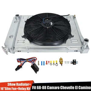 3Row Radiator+Shroud Fan+Relay For 68-74 Chevy Nova 70-81 Camaro 75-87 El Camino - Picture 1 of 13