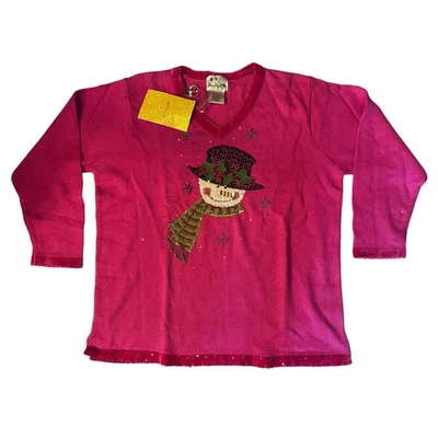 Vintage Quacker Factory Pink Snowman Beaded/Sequin Christmas V-Neck Sweater - 1X - Image 1 of 4