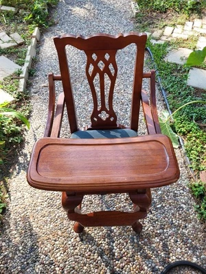 Wooden Child’s High Chair With  Green Fabric Seat VTG Antique REPLICA - Read - Image 1 of 4