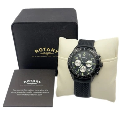 Rotary Chronograph Black Tachymeter Mens Rubber Strap Quartz Watch W/Papers Box+ - Image 1 of 4