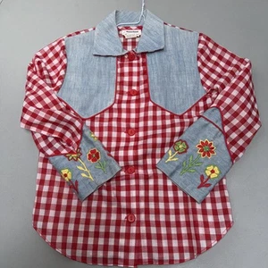 Vtg Youngland Red Plaid Western Denim Embroidered Long sleeve Shirt Girls 8 - Picture 1 of 9