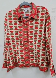 Oscar de la Renta Damen Seidenbluse Italy Rot Oliv Modern Geometrisch - Bild 1 von 14