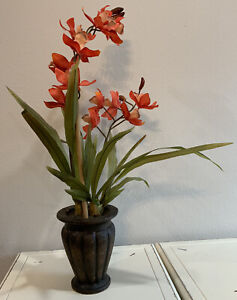 Vtg Faux Silk Flowers Red Orange Orchid In Gold Brown Vase 25” H 14” W