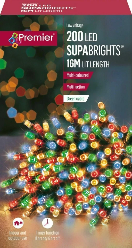 Premier 200 LED Multi-Action SupaBrights Christmas Tree Lights with Timer MULTI - Image 1 of 1