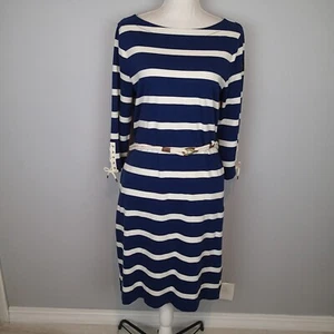 Ralph Lauren Dress Knit Striped Dress Sz m cotton blue white Nautical belt - Picture 1 of 21
