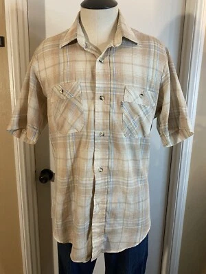 VTG Levis Button Up Shirt Mens Medium M Beige Blue Short Sleeve No Bottom Button - Image 1 of 4