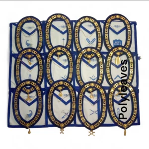 Delantal, cuello de cadena y guantes Masonic Regalia Blue Lodge Officers conjunto de 12 PECS - Imagen 1 de 7
