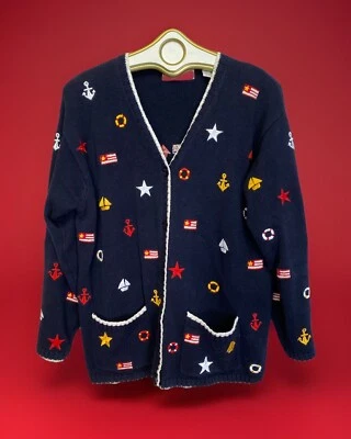 Cárdigan Marisa Christina Suéter M Azul Oscuro Náutico Bordado Foto 1 de 4