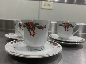 3 Tienshan Poinsettia Red Ribbon Ceramic Fine China Teacups Saucers - Picture 1 of 3