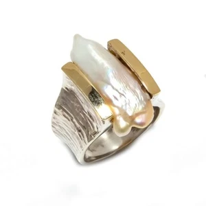 Two Tone Biwa Pearl Natural Gemstone Handmade 925 Sterling Silver Ring Size,Gift - Picture 1 of 3