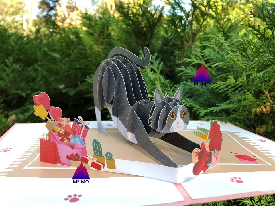 3D Pop Up Greeting Card Cat Kitty Funny Pet Vacation Party Anniversary Love Kids - Image 1 of 4