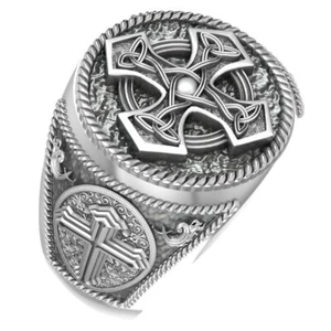 925 Sterling Silver Punk Men Celtic Knot Cross Ring Christian Jewelry - Picture 1 of 7