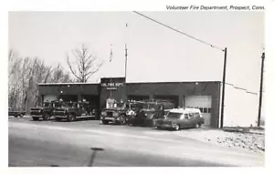 PROSPECT, CT, FIRE STATION, TRUCKS & AMBULANCE OUTSIDE, MERRIMACK PUB 1950's - Picture 1 of 2
