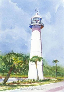Biloxi Lighthouse, Mississippi Gulf Coast. Ken Matthew Watercolor Art Prints - Picture 1 of 2