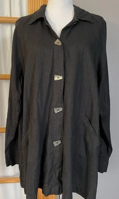 80s J Jill Linen Jacket Women’s L Button Up Black Pockets Brass Buttons USA Made - Image 1 of 4