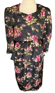 Vintage 80s Dress Pellini Satin Peplum Floral Size 8 Cottage Retro Tiered USA - Picture 1 of 7