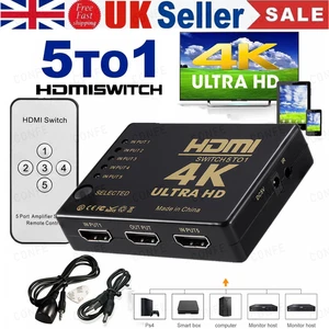HDMI Switch Splitter 5 Port Selector Switcher Hub IR Remote HDTV 5 In1 Out UK - Picture 1 of 12
