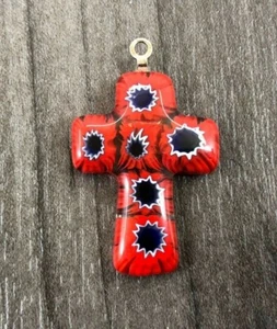 ITALIAN STUDIO GLASS & SILVER CROSS - RED & COBLAT BLUE PENDANT 30mm x 20mm Gift - Picture 1 of 8