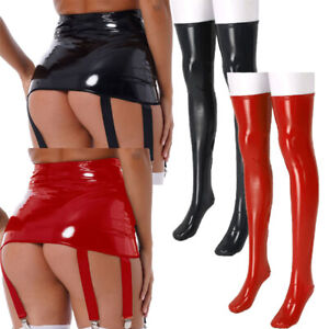 Womens Wet Look Patent Leather High Waist Six Clips Garter Belt with Stockings