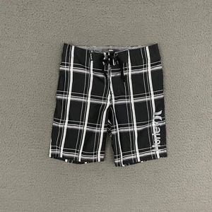 Hurley Swim Trunks Boys Size 10 Black Plaid Surfer Outdoor Casual Beach - Picture 1 of 8