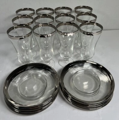 Platinum Rimmed MCM Crystal Stemmed Dessert Juice Goblets & Saucers Set Of 24 - Image 1 of 4