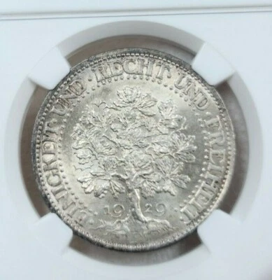 1929 GERMANY SILVER 5 REICHSMARK OAK TREE NGC MS 64 BEAUTIFUL ORIGINAL LUSTER - Image 1 of 4