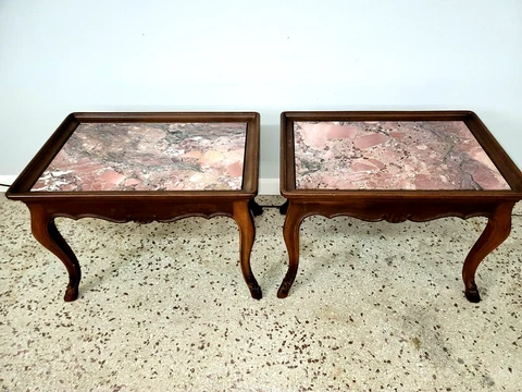 Vintage Pair of Louis XV Marble-Top Coffee Tables Unusual Pink Variegated Marble Cover