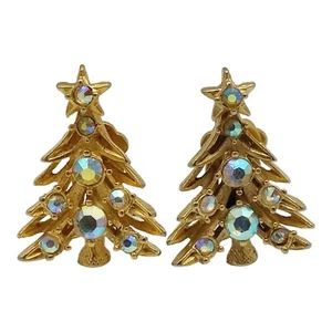 Vintage Weihnachtsbaum Ohrclips Aurora Borealis Strass goldfarben - Bild 1 von 11
