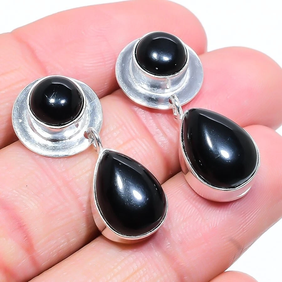 Pendientes de plata esterlina 925 con piedras preciosas de ónix negro tamaño ... - Imagen 1 de 1