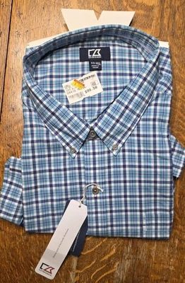 NWT Men's Cutter & Buck Dress Shirt Blue SS 4XT Button front & collar Blue Plaid - Image 1 of 4