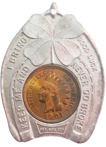 1901 Indian Head Cent ummantelt Hufeisen Medaille Parkes Kaffee Gold Kamel Tee Penny - Bild 1 von 2