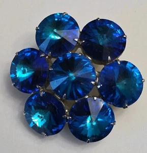Vintage blaue Rivoli Kristall Strass Blume Brosche Anstecknadel silberfarbene Rückseite - Bild 1 von 4