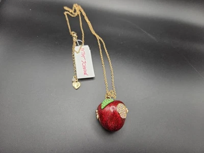New Betsey Johnson Apple Locket Necklace With Caterpillar  NWT Long Goldtone  - Image 1 of 4